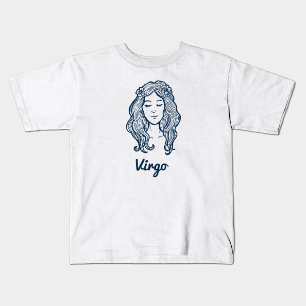 Virgo Zodiac Horoscope with Beautiful Women Girl Face with Flower Sign and Name Kids T-Shirt by ActivLife